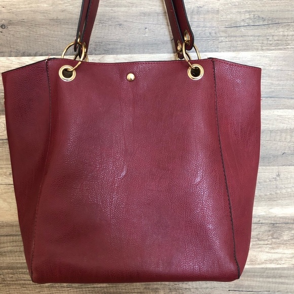 Burgundy Faux Leather Midsize Tote Shoulder  Bag - Picture 4 of 9